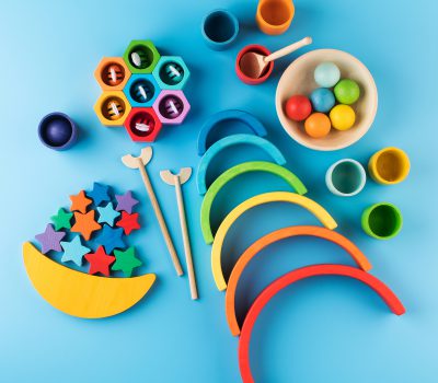 Eco-friendly colored wooden educational toys according to the Montessori method